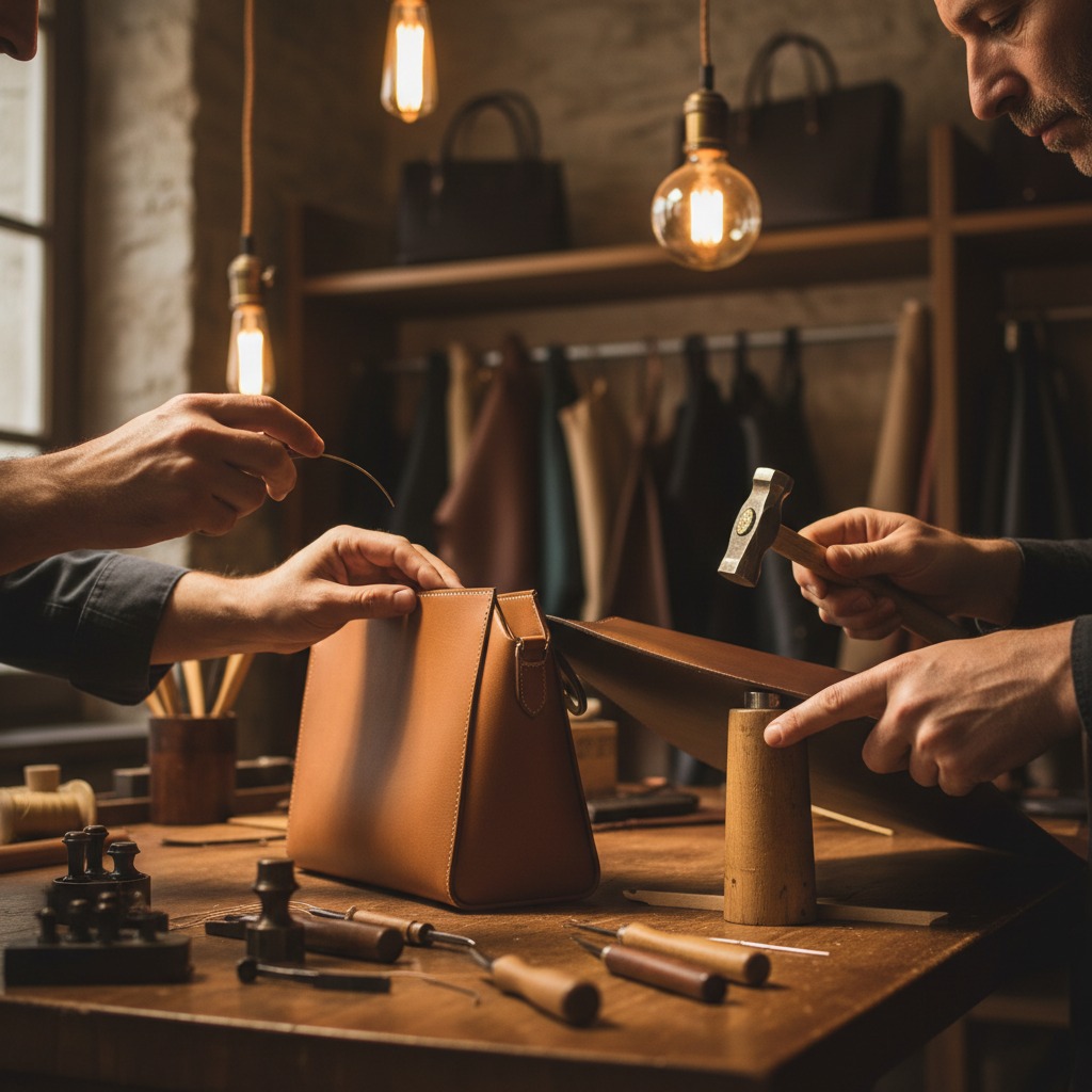 Due artigiani lavorano insieme su una borsa in pelle marrone all'interno di un laboratorio illuminato da lampadine a sospensione.
