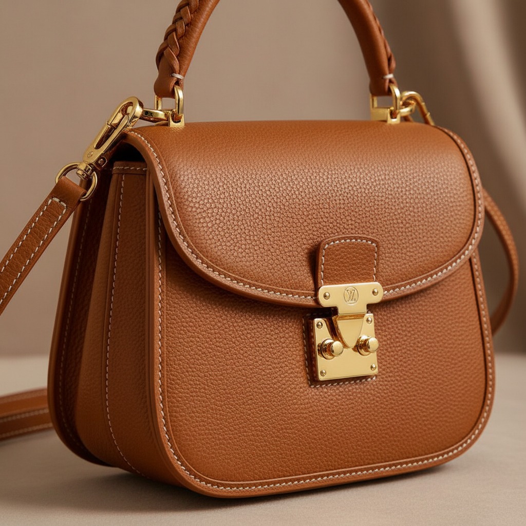 Borsa a mano in pelle marrone con manico intrecciato e chiusura metallica dorata su sfondo neutro.